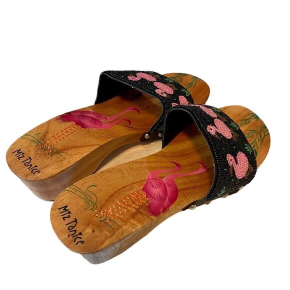 Miz Tanice Beaded & Painted Pink Flamingo Wood Slides in ladies Sz 8. - Picture 4 of 8